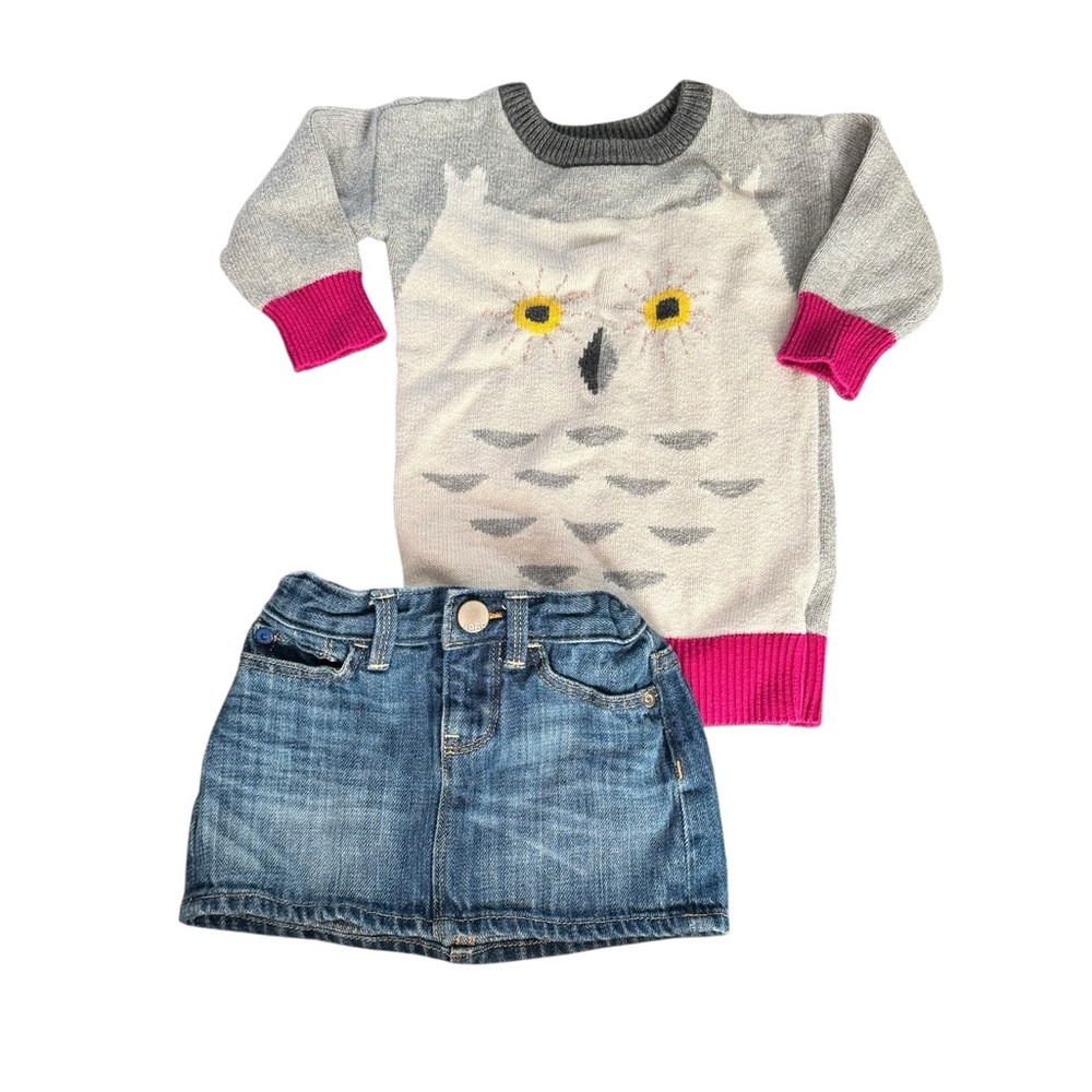 babyGap Toddler 12-18M Owl Sweater & Denim Skirt Set Preppy Coastal Cute Outfit
